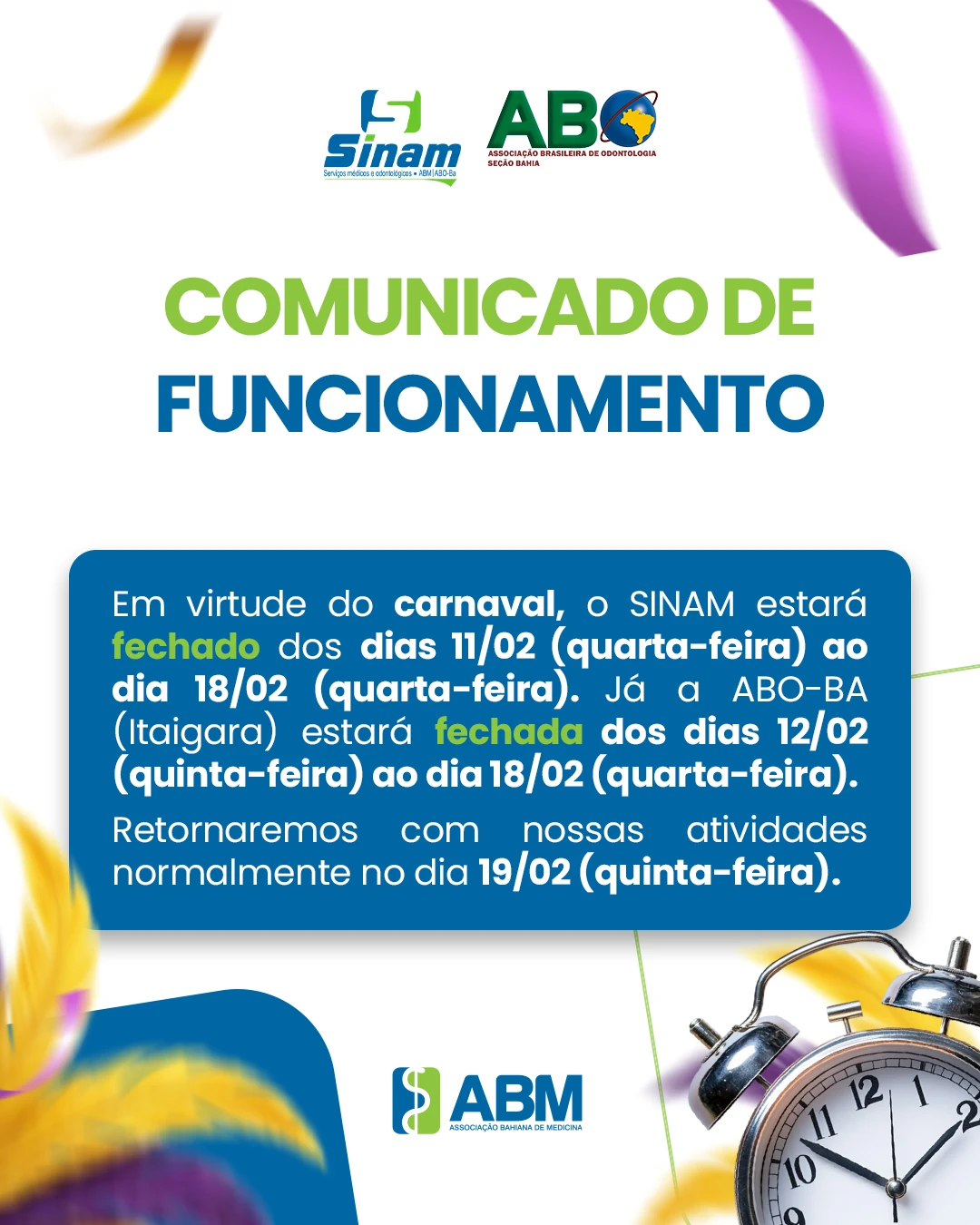 Comunicado de Funcionamento - Carnaval