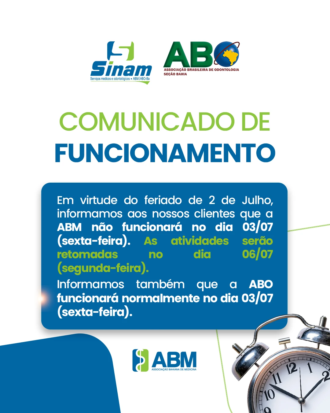 Comunicado de Funcionamento 2 DE JULHO